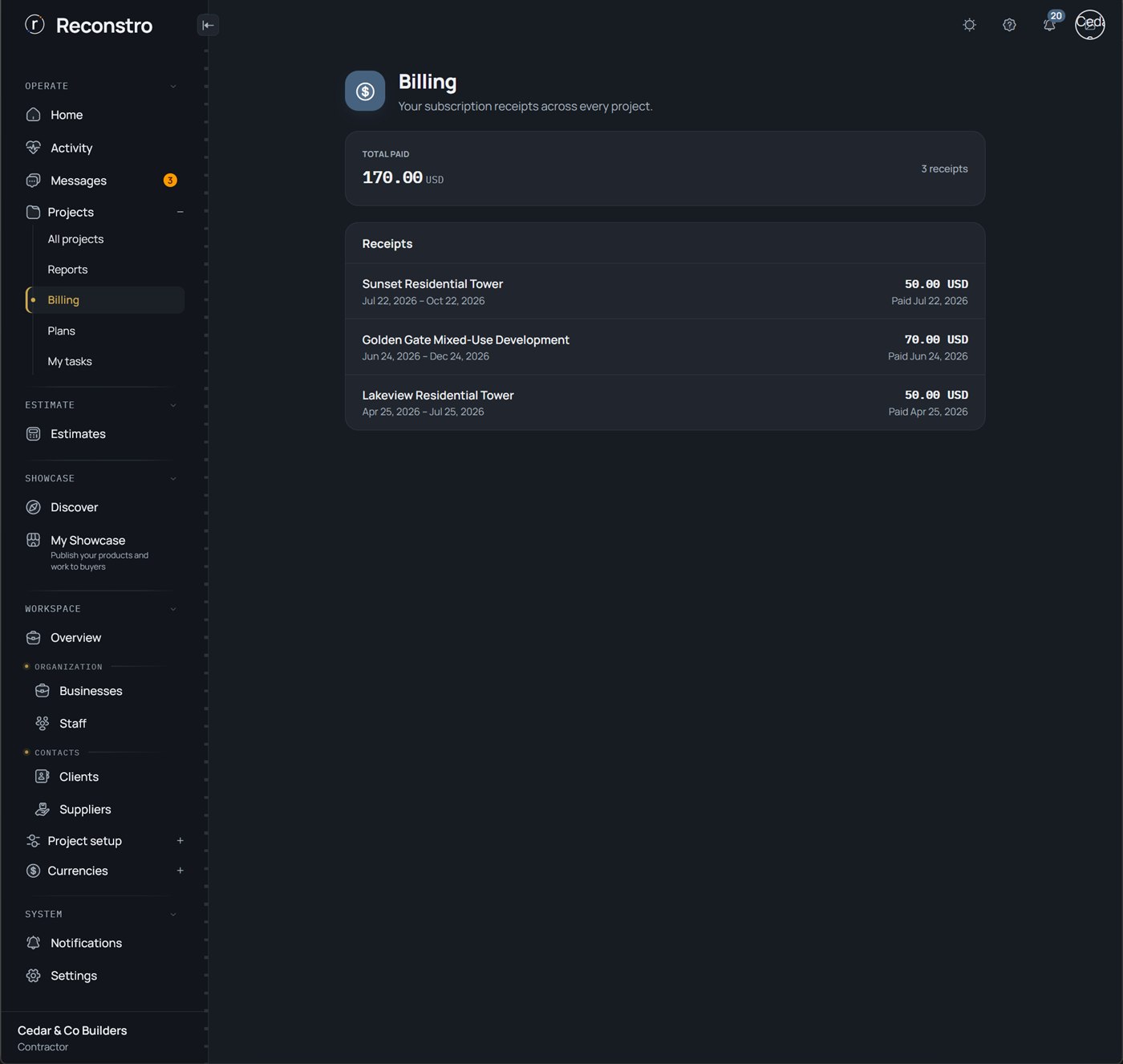 Billing receipts ledger