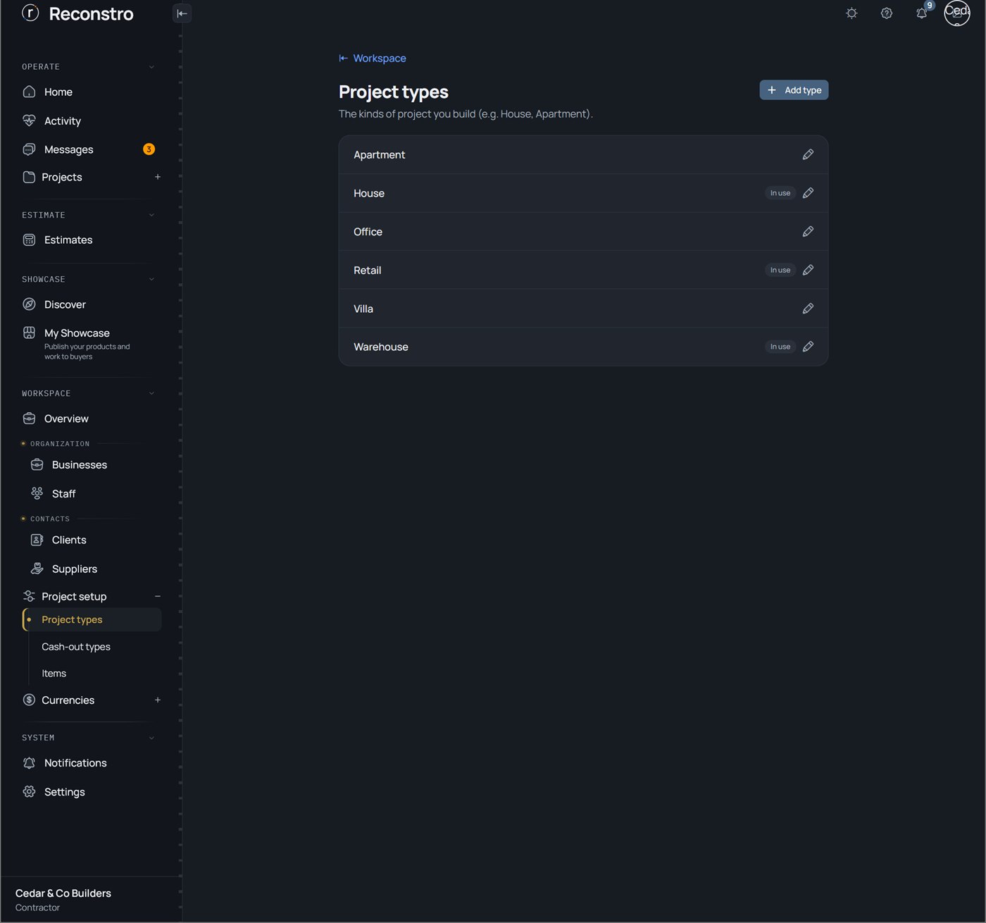 Project setup: project types