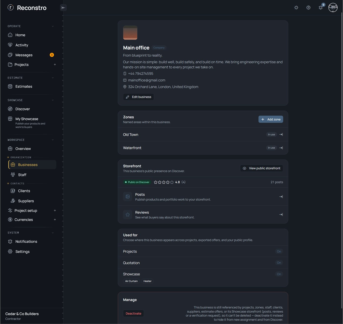 Business detail: zones, storefront and settings