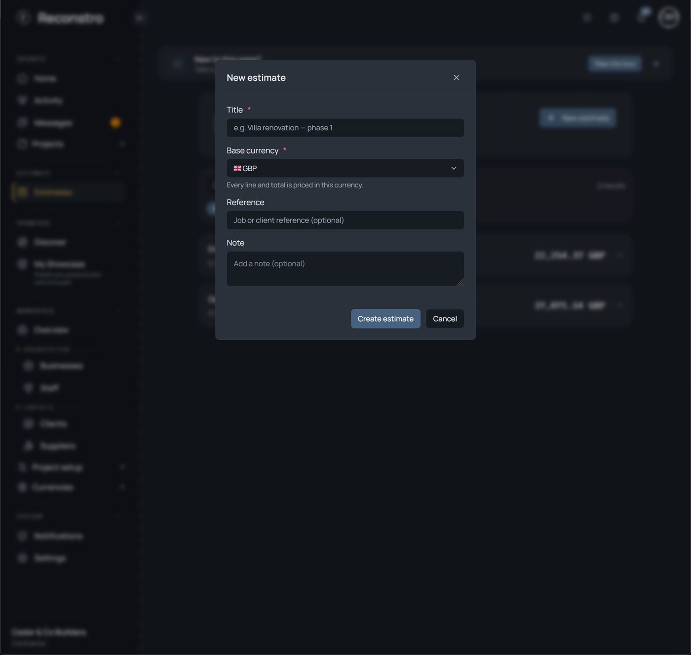 New estimate dialog