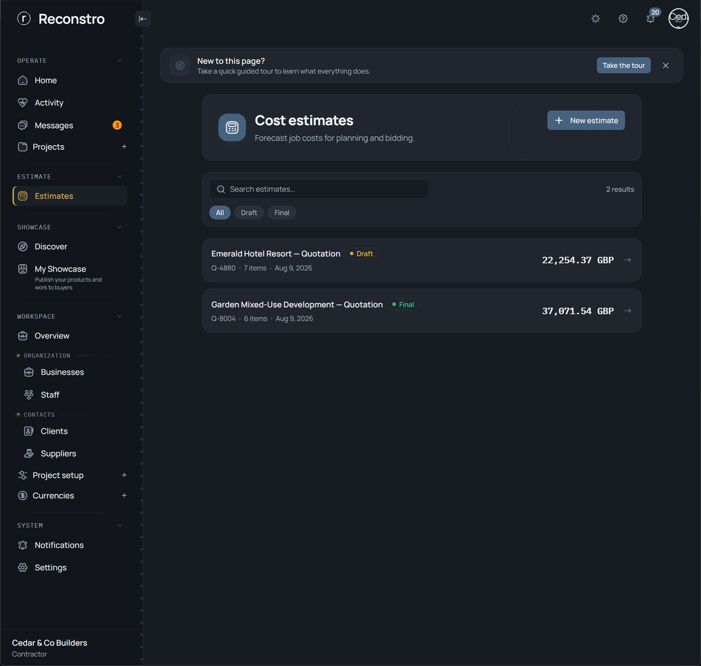 Cost estimates hub