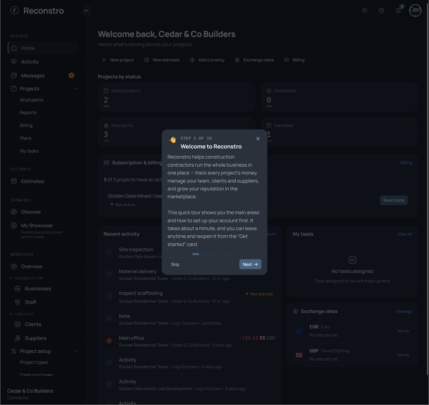The Reconstro home dashboard
