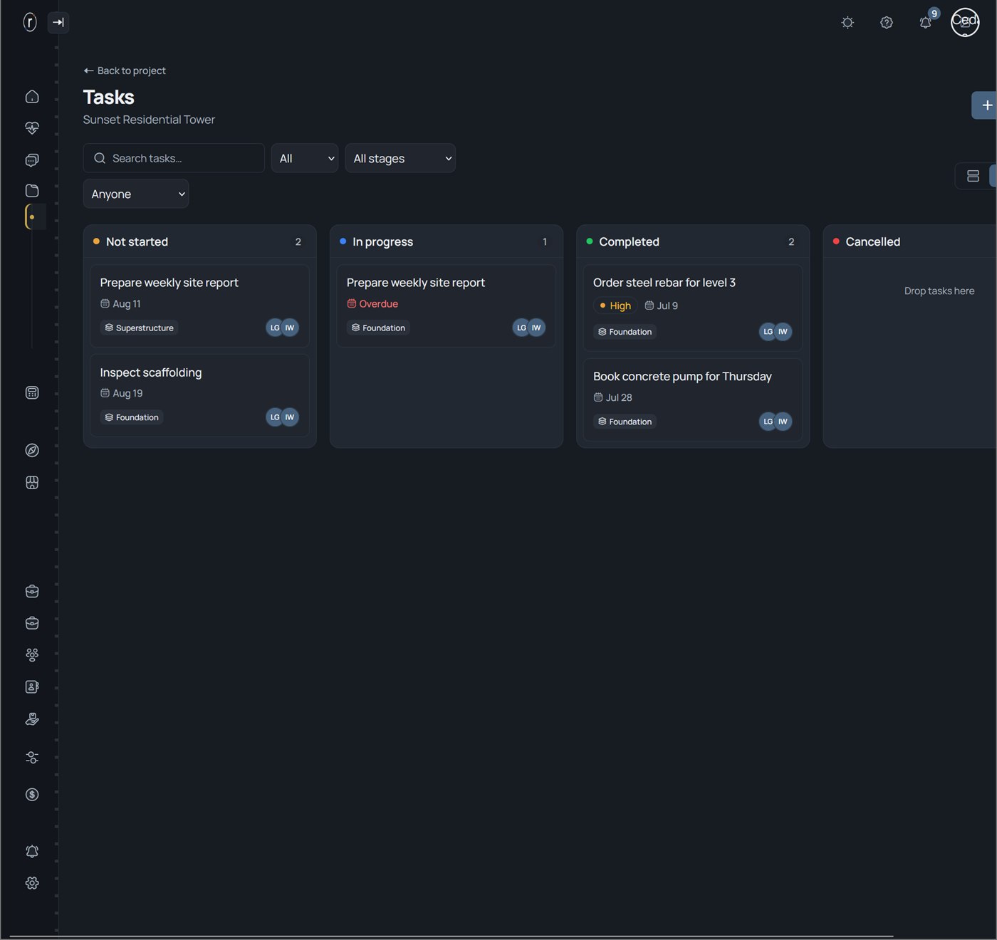 Project tasks board