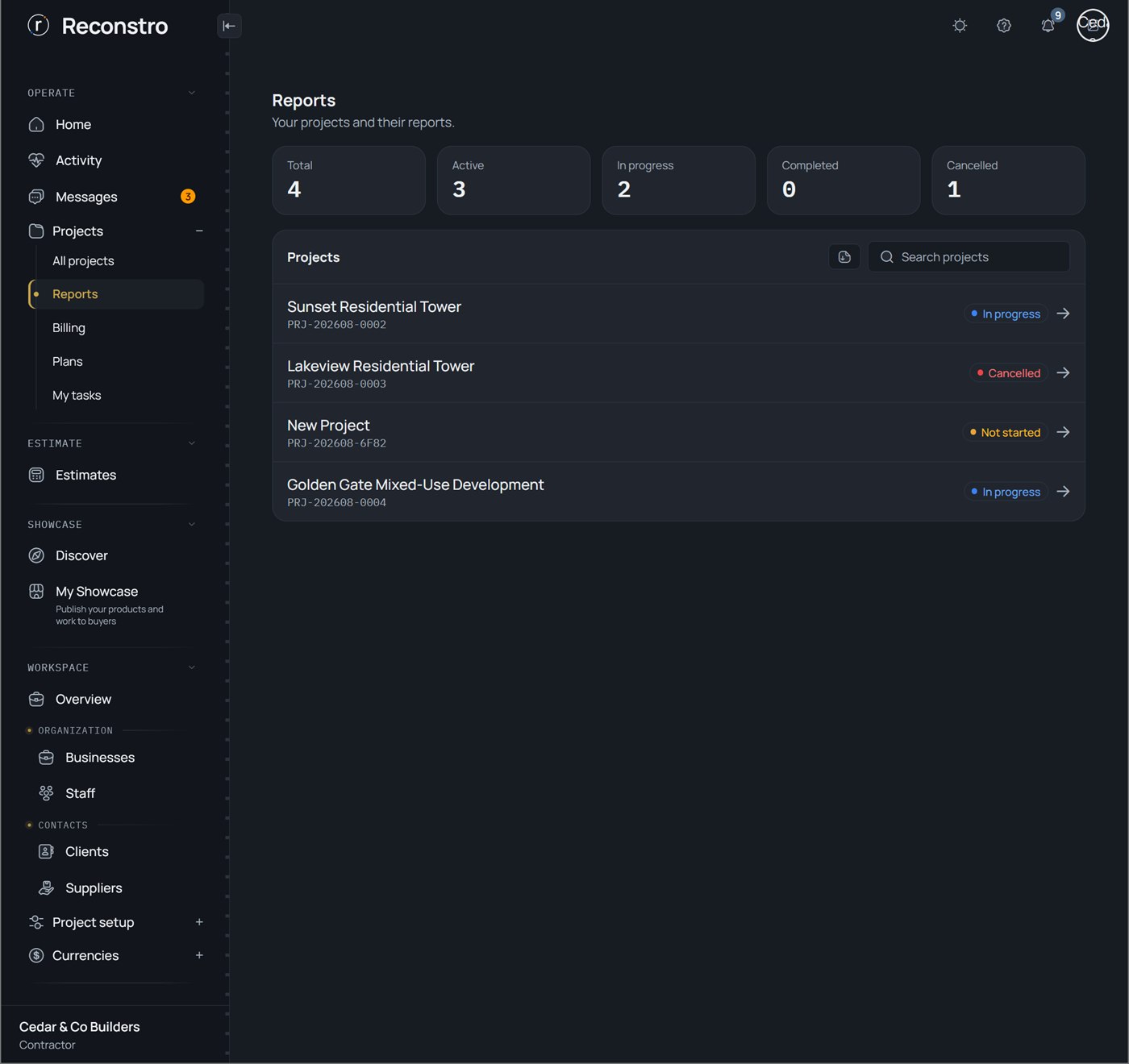 Reports hub across all projects