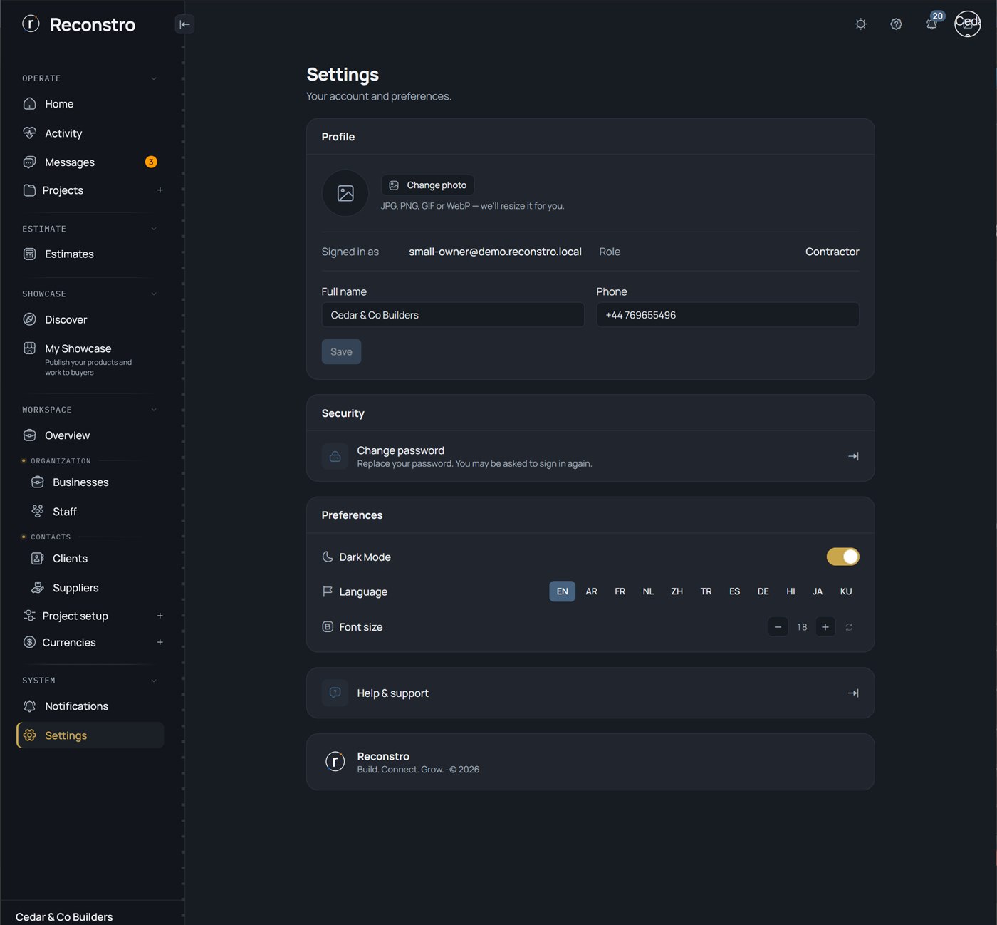 Settings - profile, security and preferences